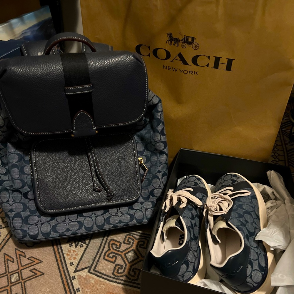 Coach Denim Backpack with matching shoes